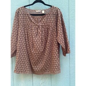 Liz Claiborne Brown‎ Laser Cut Tunic Top Women's XL Long Sleeve Bohemian Blouse